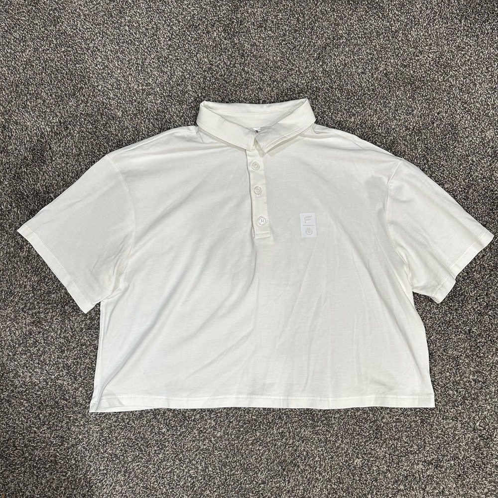 Fabletics Women's Small Boxy Cropped‎ Short Sleeve Polo White